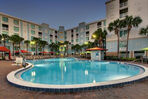Outdoor pool, a heated pool, open 8:00 AM to 11:00 PM, pool umbrellas
