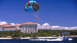 Private beach, white sand, free beach cabanas, sun-loungers