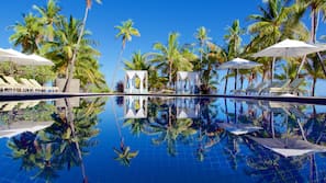 Outdoor pool, pool umbrellas, pool loungers