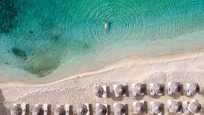 On the beach, sun loungers, beach umbrellas, beach towels
