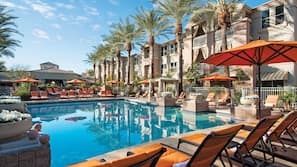 Outdoor pool, open 6 AM to 11 PM, pool umbrellas, sun loungers