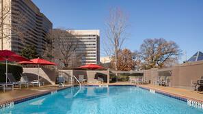 Outdoor pool, pool umbrellas, sun loungers