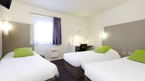 Premium bedding, desk, blackout curtains, soundproofing