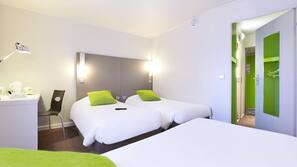 Premium bedding, desk, blackout curtains, soundproofing