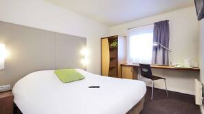 Premium bedding, desk, blackout curtains, soundproofing