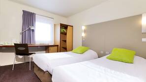 Premium bedding, desk, blackout curtains, soundproofing