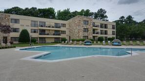 Indoor pool, outdoor pool, pool umbrellas, pool loungers