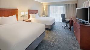 Hypo-allergenic bedding, pillowtop beds, desk, blackout drapes