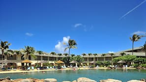Outdoor pool, pool umbrellas, sun loungers