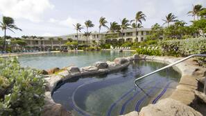Outdoor pool, pool umbrellas, sun loungers
