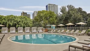 Outdoor pool, pool umbrellas, sun loungers