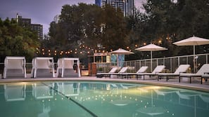 Outdoor pool, pool umbrellas, sun loungers