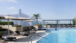 Outdoor pool, pool umbrellas, pool loungers