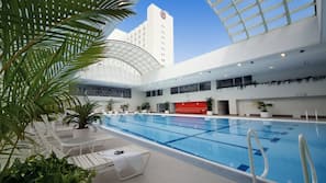 Indoor pool, open 8 AM to 9 PM, lifeguards on site