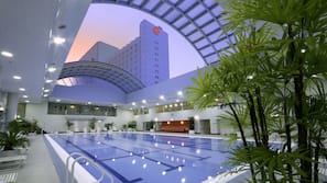 Indoor pool, open 8 AM to 9 PM, lifeguards on site
