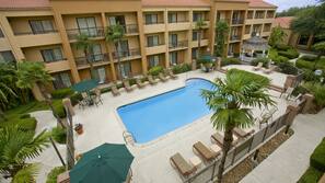 Outdoor pool, pool umbrellas, sun loungers