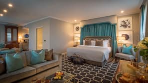 Premium bedding, desk, laptop workspace, blackout drapes