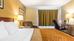 Premium bedding, desk, blackout drapes, iron/ironing board
