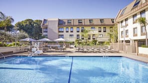 Una piscina al aire libre, sombrillas, tumbonas