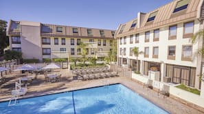 Una piscina al aire libre, sombrillas, tumbonas
