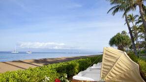 On the beach, beach cabanas, sun loungers, beach umbrellas