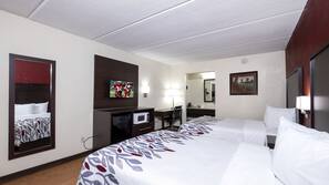Desk, laptop workspace, blackout curtains, iron/ironing board