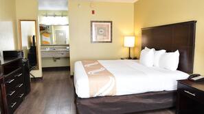 Premium bedding, desk, laptop workspace, blackout curtains