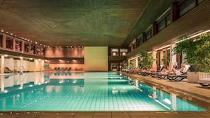 Indoor pool, outdoor pool, sun loungers