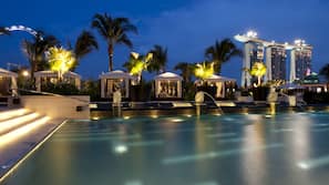 Outdoor pool, pool umbrellas, pool loungers