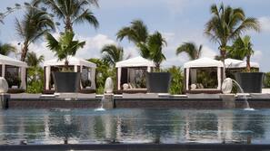 Outdoor pool, pool umbrellas, pool loungers