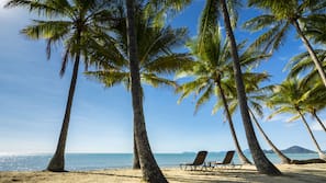On the beach, sun-loungers, beach towels, beach yoga
