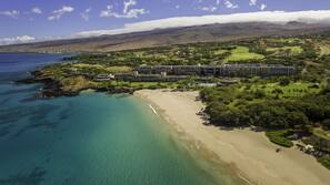 On the beach, sun-loungers, beach umbrellas, beach towels