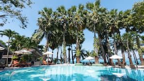 2 outdoor pools, open 7:00 AM to 7:00 PM, pool umbrellas, pool loungers