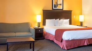 Premium bedding, desk, laptop workspace, iron/ironing board