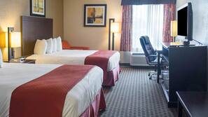 Premium bedding, desk, laptop workspace, iron/ironing board