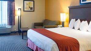 Premium bedding, desk, laptop workspace, iron/ironing board