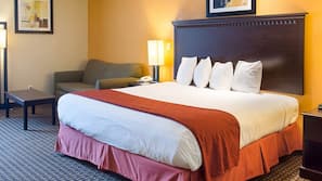 Premium bedding, desk, laptop workspace, iron/ironing board