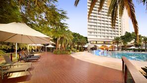 Outdoor pool, pool umbrellas, pool loungers