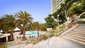 Outdoor pool, pool umbrellas, pool loungers