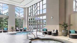 Indoor pool, outdoor pool, open 7:00 AM to 9:00 PM, pool umbrellas