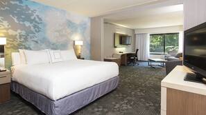 Down comforters, desk, blackout drapes, iron/ironing board