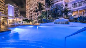 Indoor pool, outdoor pool, pool loungers