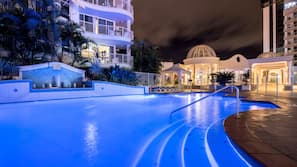 Indoor pool, outdoor pool, pool loungers