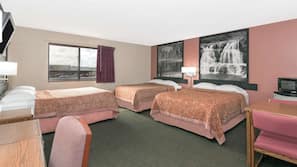 Hypo-allergenic bedding, desk, blackout drapes, free cribs/infant beds