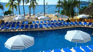 Outdoor pool, pool umbrellas, sun loungers