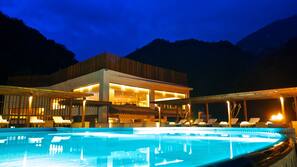 Indoor pool, outdoor pool, open 7:30 AM to 10:00 PM, sun loungers