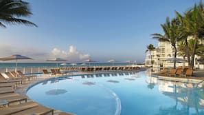 Outdoor pool, pool umbrellas, pool loungers