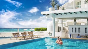 Outdoor pool, pool umbrellas, pool loungers
