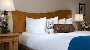 Premium bedding, pillow top beds, desk, laptop workspace