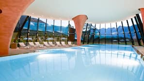 Indoor pool, open 7:00 AM to 8:00 PM, sun loungers